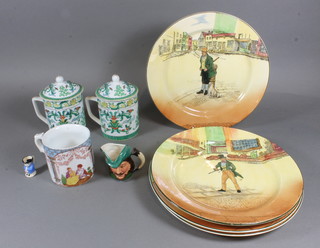 4 Royal Doulton Dickens seriesware plates, Captain Cuttle,  David Swiveller, Bill Sykes and Sarey Gamp together with a  German porcelain mug decorated a Romantic scene, a miniature  Toby jug of Robin Hood, 1 other and 2 Chinese famille vert  mugs and covers
