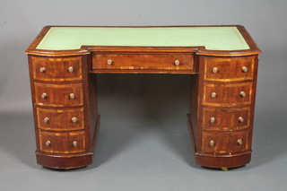 A Victorian walnut pedestal desk, yew wood crossbanded, the  top with green leather gilt tooled skiver over an arrangement of 9  drawers, raised on plinth bases 28"h x 47"w x 21"d