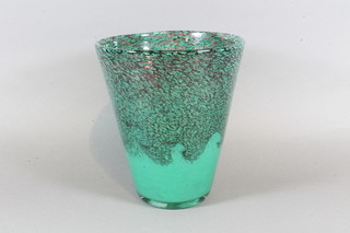 A Strathearn green Art Glass bucket shaped vase with dolphin mark to base 9"