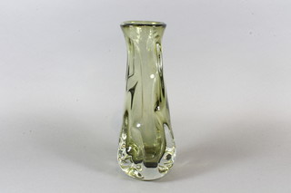 A Whitefriars green glass club shaped vase with knobbly  decoration 10"