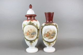 A Victorian opaque glass vase decorated a romantic scene 14", a vase and cover 18" and 1 other lid missing