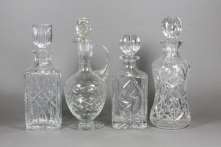 A cut glass claret decanter and stopper 11", 2 square cut spirit decanters and stoppers and a waisted glass decanter