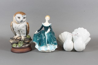 A Lladro model of 2 seated doves 4", a Royal Doulton figure -  Janine HN2461 7" and a figure of an owl 8"