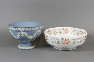 A Wedgwood blue Jasperware bowl 7" and an octagonal Haddon Hall bowl 8"