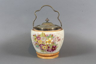 An Edwardian pottery biscuit barrel with silver plated mounts 5"