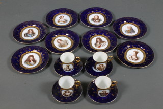 A 19th Century 16 piece French porcelain garter blue glazed tea  service decorated nobleman, comprising 4 cups and 4 saucers - 1  cup cracked, 8 plates 7.5" - 1 cracked