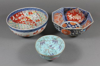 A Chinese turquoise glazed bowl, the base with 6 character mark, f and r, 4", an octagonal Japanese Imari porcelain bowl 7" and a  Japanese Imari bowl 7"