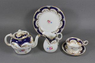 A 41 piece Bristol gilt and floral patterned tea service comprising  2 circular plates 9", 11 tea plates 6.5", milk jug with plated  mounts 6", cream jug 5", cream jug 3", teapot - spout chipped,  sugar bowl, 11 cups - 3 cracked, 1 missing handle, 12 saucers