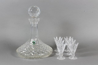 A Waterford cut glass ships decanter together with a set of 6 Waterford Tramore pattern liqueur glasses