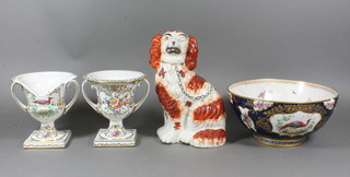 A pair of Booths Chelsea bird pattern urns with gilt banding, 1  heavily f, 6", a circular pottery bowl 10" - chipped, a 19th  Century Staffordshire figure of a Spaniel - f,