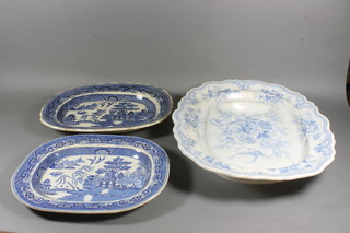 A blue and white Adriatic Pheasant pattern meat plate 19" and 2  blue and white Willow pattern meat plates - 1 cracked, 15" and  13.5"