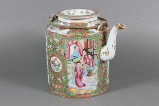 A cylindrical Canton famille rose porcelain teapot 6"