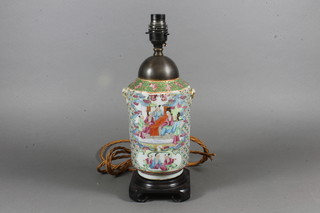 A 19th Century Canton famille rose porcelain vase converted to a table lamp and decorated court figures 7"