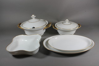 A 24 piece Bavarian dinner service comprising 2 twin handled  tureens and covers 9" - 1f, twin handle soup tureen and cover -  handle f 10", 2 oval serving plates 15" and 13", square bowl  8.5", 4 soup bowls 10", dinner plate 10", 12 side plates 8" - 2  cracked