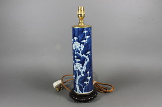 A Chinese blue and white cylindrical prunus pattern vase converted to a table lamp 13"