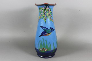 An Art Deco blue glazed Torquay pottery vase decorated a  bluebird 14"