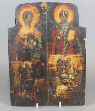 A Russian Icon on wooden panel, study of four saints, the back  with cross and lettering, 10" x 7.5"  ILLUSTRATED