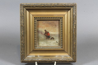 A late 19th Century Continental oil on board, study of figures walking in snowy landscape 3" x 3" contained in a gilt frame