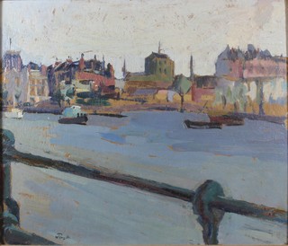 W Pilawski, oil on board "The Thames at Putney", the reverse  with Royal Institute of oil painters label 14" x 16"   ILLUSTRATED