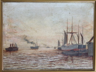 A Victorian oil on canvas, study of harbour scene with paddle steamer and fishing boats, 12" x 15"