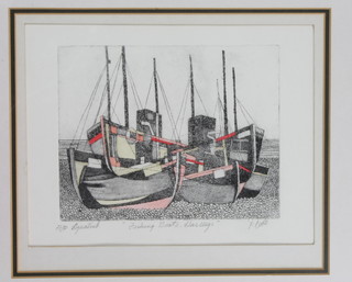 B Poole, artists proof etching study of fishing boats at Hastings  6.5" x 7.5"