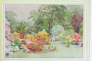 Agnes Pringle, watercolour, study of country garden with figures  10" x 14.5"