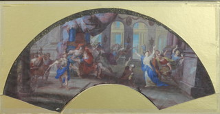 A 17th/early 18th Century watercolour on paper study of a Romanesque villa being ransacked, feigned to fan, the verso  decorated a porcelain bowl of flowers amongst insects, approx.  7"h x 19"w