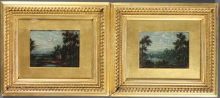 A pair of Victorian oil paintings on canvas, moonlit studies of a lake scene with houses, 3" x 4"