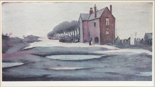 L S Lowry, 1887-1976, artist signed coloured print "The Lonely House", signed in the margin and with blind proof stamp 11" x  20"