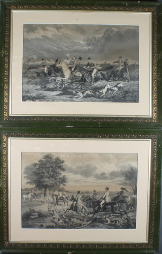 A pair of monochrome hunting prints in the style of Cecil Aldin "Full Cry and Kill" 14" x 22" contained in a green and gilt  frames