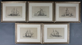 R H Webb, a monochrome print "Revenue Cutter Returning to  Brighton Fishery" 8" x 11.5" and 4 monochrome prints after R H  Nibbs "New Class East India, HMS St Vincent, Canopus 20 Gun  First Class Second Rate and Frigate Going Free" 8" x 11.5"