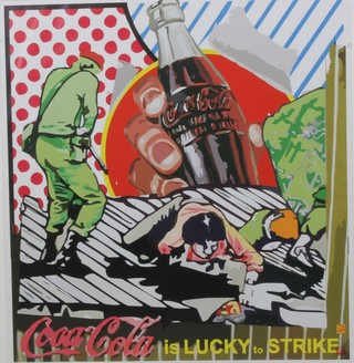 Hans Geiger, a limited edition lithographic print, "Coca Cola is Lucky to Strike", bears Geiger ink stamp and monogrammed to bottom right hand  corner 26"h x 25"w