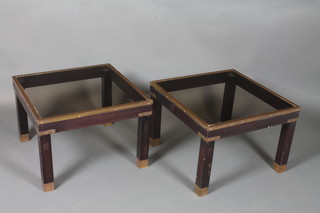 A pair of square mahogany and brass banded lamp tables with plate glass tops 16"h x 23"w x 23"d