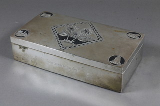 An Eastern white metal rectangular cigarette box with hinged lid  and niello decoration 7.5"