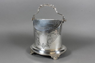An oval engraved Britannia metal biscuit box with hinged lid, maker J B Chatterley & Sons