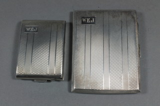 An engraved silver cigarette case with engine turned decoration Birmingham 1928 and a do. match slip Birmingham 1929, 3 ozs