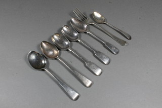 4 Georgian silver teaspoons, 2 silver fiddle pattern teaspoons and  a silver fork 4 ozs