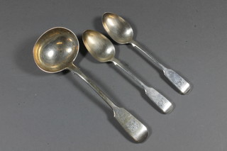 A Victorian silver Old English pattern sauce ladle London 1877  and 2 Victorian silver fiddle pattern teaspoons 3 ozs