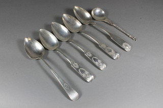 4 Russian antique silver fiddle pattern spoons marked 84, a  Georgian silver table spoon, a silver apostle spoon 11 ozs