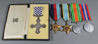 A posthumous group of 5 medals to 161407 Pilot Officer Wilson Briwell Yates Royal Air Force Volunteer Reserve no. 630 Squadron, comprising George VI issue Distinguished Flying Cross dated 1944, 1939-45 Star, Air Crew Europe Star, Defence and War medal, together with a commemoration scroll confirming award of DFC with effect from the 18 February 1944, published in the London Gazette 21 December 1945, a letter from The Air Ministry dated 20 December 1945 confirming the award of DFC, a letter regarding presentation of medal to next of kin and a letter from Under Secretary of State regarding photograph of grave  ILLUSTRATED