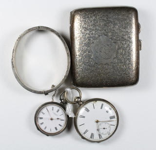 An engraved silver cigarette box Birmingham 1915, 4 ozs, a silver bracelet with engraved decoration and a Continental open faced fob watch and pocket watch