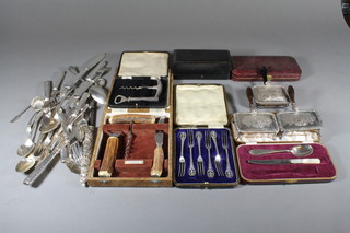 A silver plated corkscrew and bottle opener, cased and  1 other set with corkscrew, bottle opener and cheese knife with stag horn handle, cased, and other plated items
