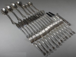 A collection of Christofle plate flatware, silver plated spoons, a cheese knife and 2 mother of pearl handled knives
