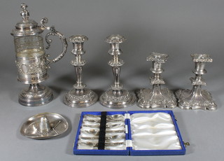 2 pairs of silver plated candlesticks, a glass and silver plated beerstein etc
