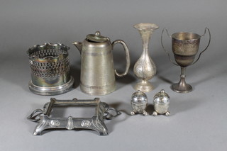 A pierced silver plated soda siphon holder, a WMF twin handled dish frame 6" and a small collection of plate