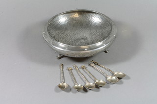 6 white metal teaspoons and a circular "pewter" bowl 8" 
