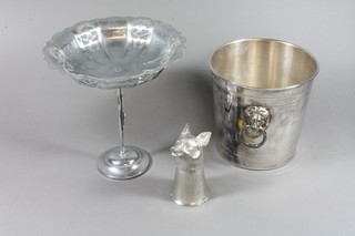 A silver plated twin handled wine cooler 7, an Art Deco chrome pedestal bowl supported by a figure of a dancing girl 10" and a chrome stirrup cup in the form of a foxes mask 5"