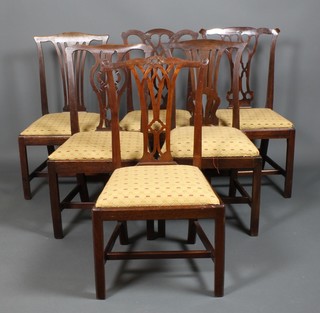 A harlequin set of 6 Chippendale style carved back dining chairs with drop in seats on square legs