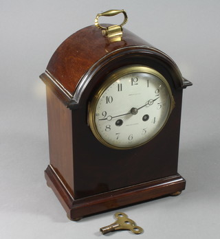 An Edwardian mahogany dome cased mantel clock with white dial inscribed Maple & Co, raised on brass bun feet 10" to handle x 7" x 4"