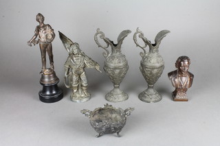 A spelter bust of Elgar 6", a spelter figure of a farmer, 2 metal urns and a metal figure of a fisherman